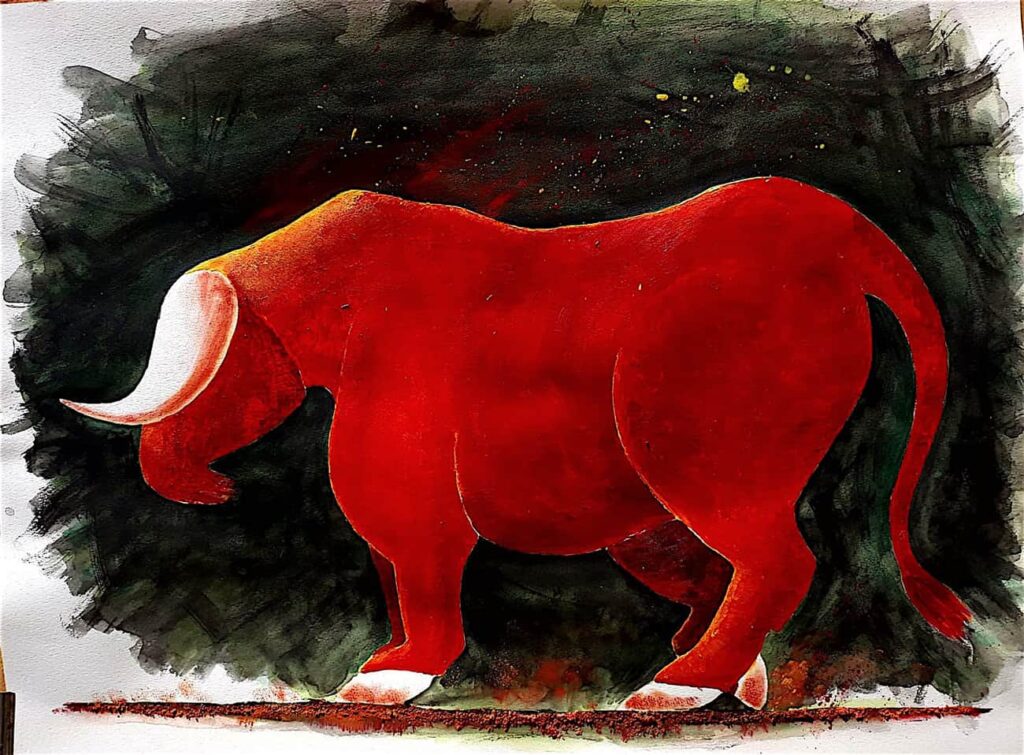 Enigmatique taureau rougeoyant. Peinture contemporaine