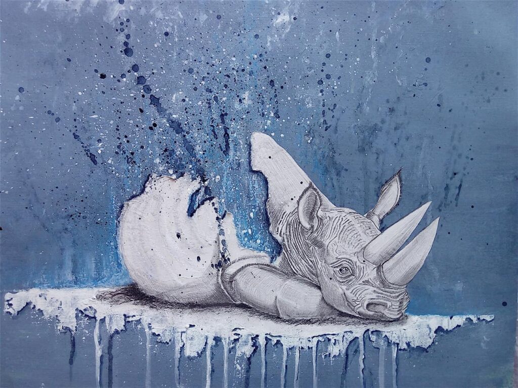 Aquarelle aux tons bleus et blanc représenatnt un jeune et triste rhinocéros