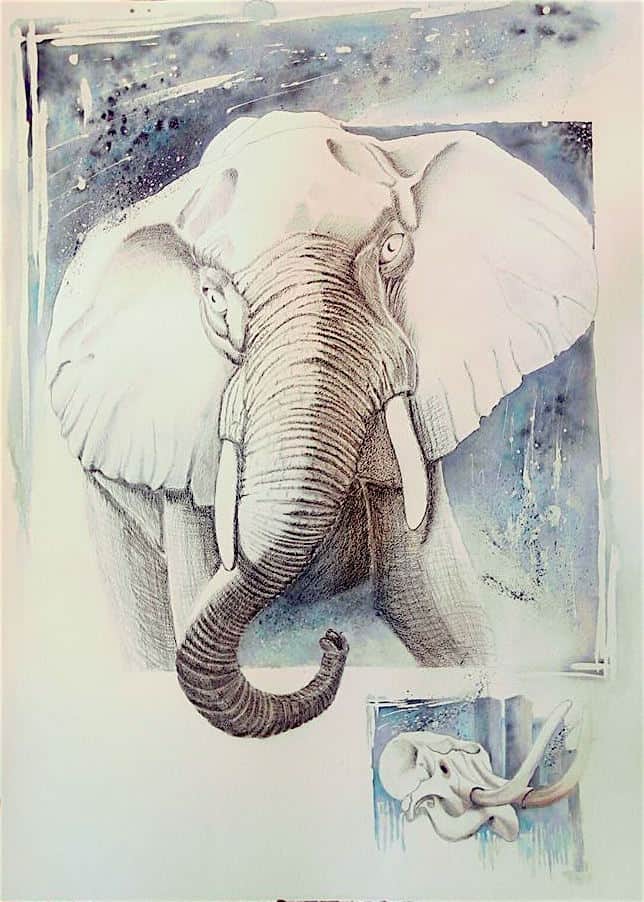 Eléphant blanc sur fond bleu grisé. Peinture Aquarelle par Gier